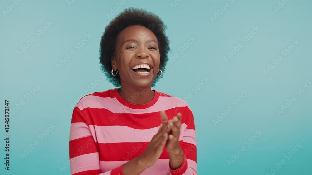 Applause, thumbs up and excited black woman in studio with good news, winning and bonus on blue background. Happy, congratulations and person with emoji, yes gesture and approval for celebration
