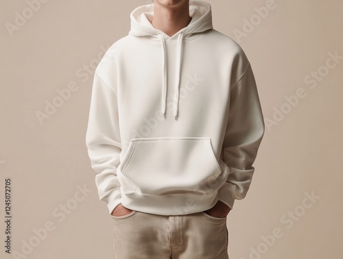 Person Wearing Plain Light Beige Hoodie Standing in Front of a Neutral Background Casual Attire