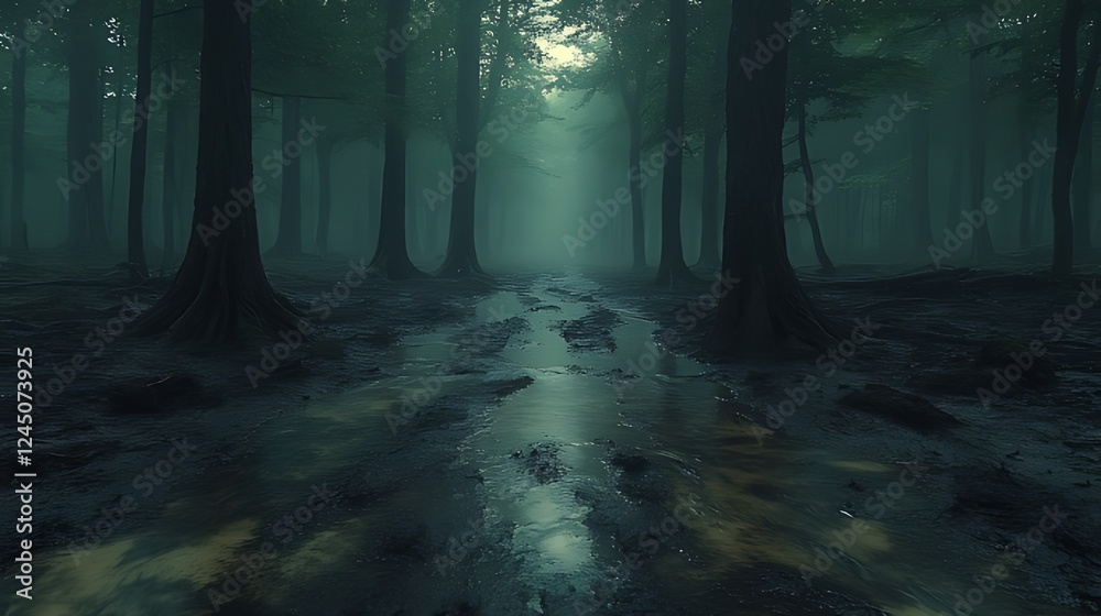 Fototapeta premium Misty forest path, swampy ground, sunlit clearing, game background