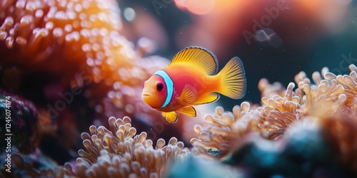 Radiantly Hued Clownfish Amidst Coral Reef Anemones in a Vibrant Underwater Environment