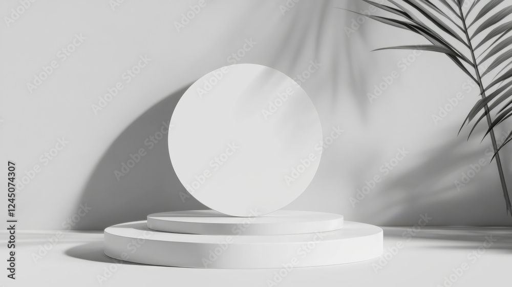 Minimalist white podium with palm leaf shadow Minimalist white podium with palm leaf shadow