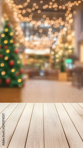 Empty Wooden Table with Blu...
