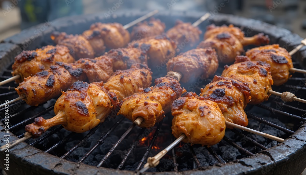 Succulent Grilled Chicken Skewers on a Charcoal Grill. Tandoori Chicken Dish Succulent Grilled Chicken Skewers on a Charcoal Grill. Tandoori Chicken Dish