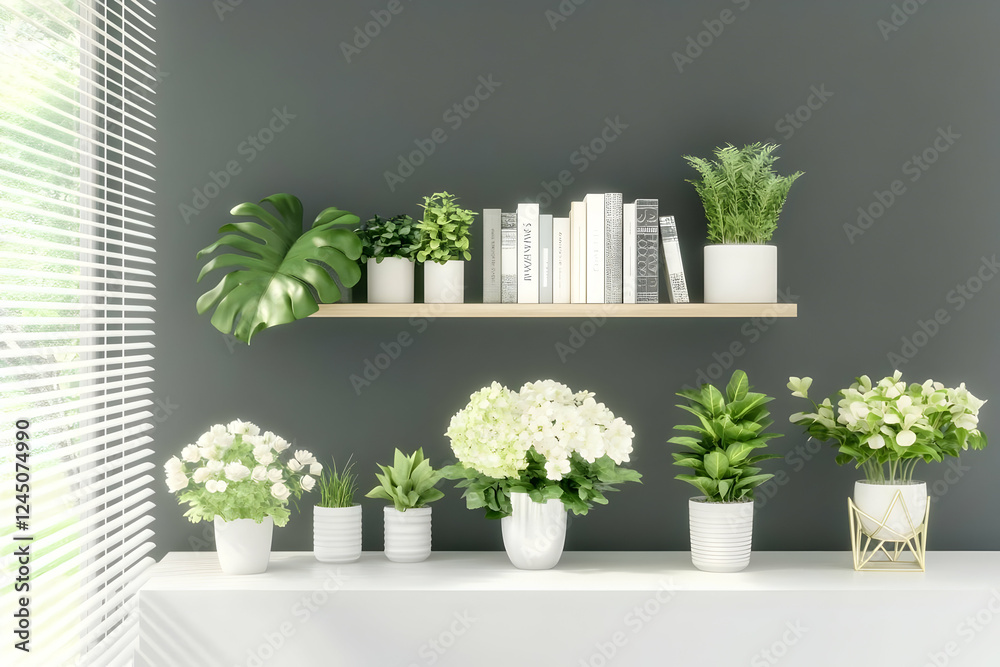 Fototapeta premium 3D Render of Indoor Plants and Books on Shelves Gracefully Adorn a Modern Interior with Natural Light.