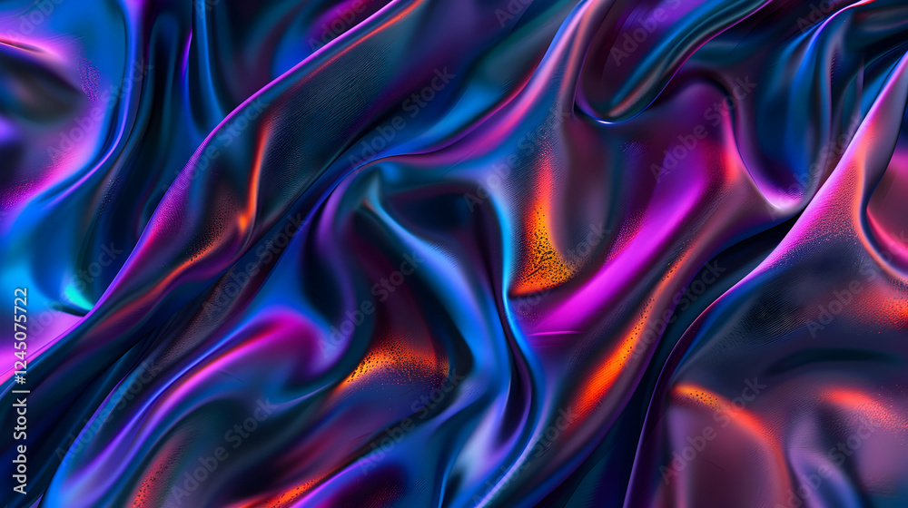 Fototapeta premium Vibrant silk fabric draping gracefully with colorful waves and reflections in a soft light setting