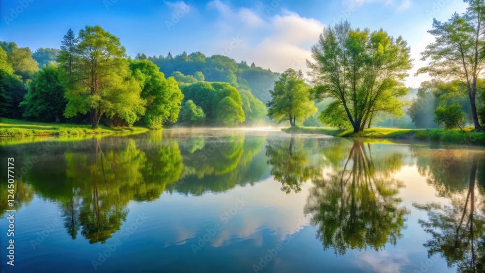 Obraz premium A serene lake with reflected trees and a misty atmosphere, surrounded by lush greenery in Overlook Park, landscape