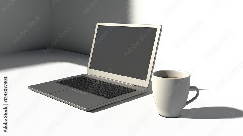 A minimalist workspace featuring a laptop and a coffee cup in a bright, shadowed room A minimalist workspace featuring a laptop and a coffee cup in a bright, shadowed room