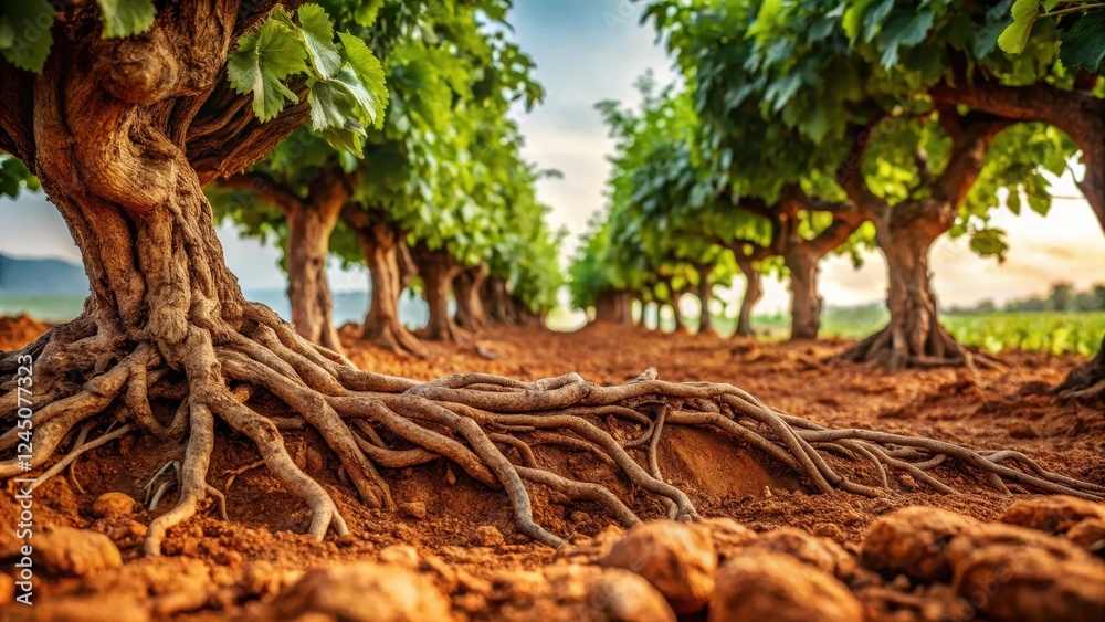 Brown grapevine tree roots stretching underground through rocky soil with old tree trunks in background , vine roots, brown grapevine roots Brown grapevine tree roots stretching underground through rocky soil with old tree trunks in background , vine roots, brown grapevine roots