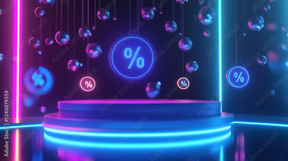 Obraz premium Glowing percentage discount symbols floating in neon-lit retail display, futuristic sale promotion advertisement background
