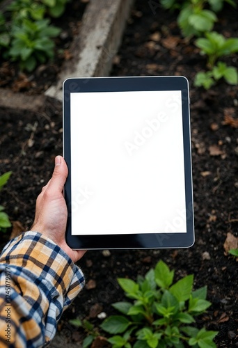 digital tablet with empty screen on a hand of a gardener
