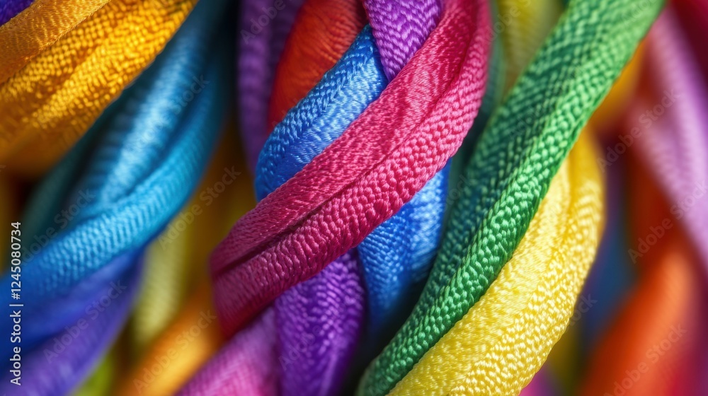 A close-up of intertwined rainbow ribbons, with a pride flag softly waving in the background. A close-up of intertwined rainbow ribbons, with a pride flag softly waving in the background.