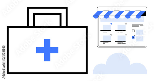 Medical suitcase with blue cross, online store with awning and product cards, cloud icon. Ideal for telemedicine, healthcare e-commerce, online pharmacies, cloud storage, digital health, virtual
