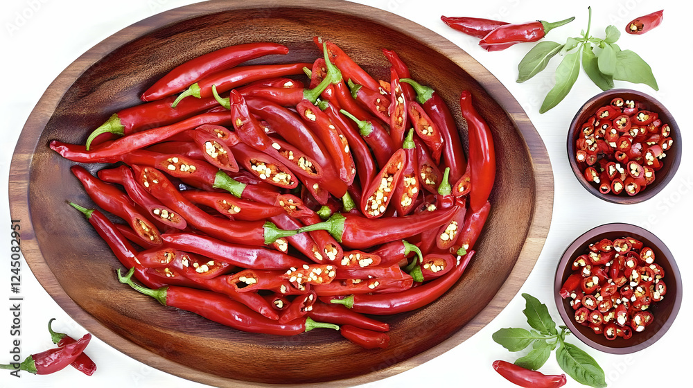 Fresh Red Chili Peppers Sliced and Whole in a Wooden Bowl on White Background with Basil Leaves. Fresh Red Chili Peppers Sliced and Whole in a Wooden Bowl on White Background with Basil Leaves.