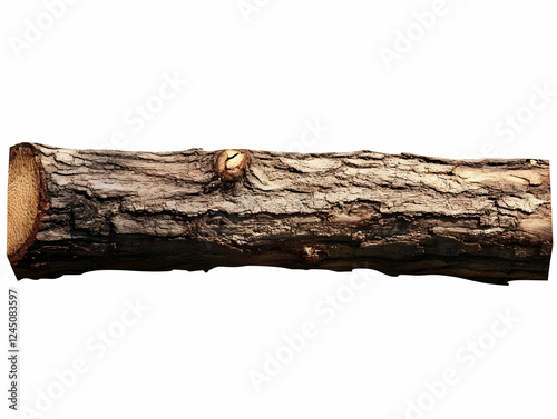 Dark Brown Tree Log Isolated on White Background Shows Rough Bark Texture and Knots