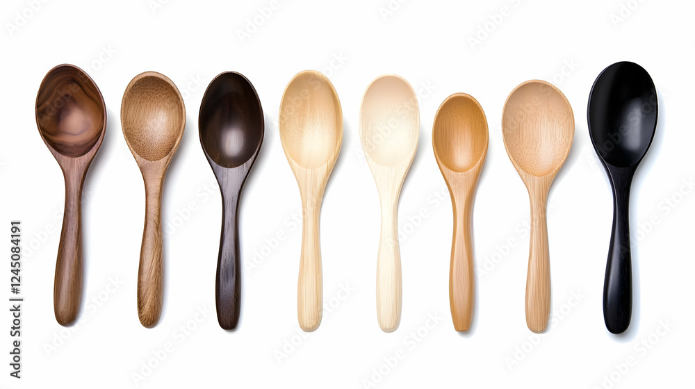Seven Wooden Spoons Displayed in a Row on a White Background Seven Wooden Spoons Displayed in a Row on a White Background