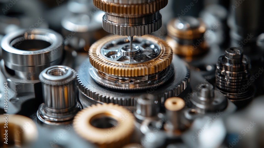 Close-up of intricate mechanical gears and components in a watch assembly, showcasing precision engineering Close-up of intricate mechanical gears and components in a watch assembly, showcasing precision engineering