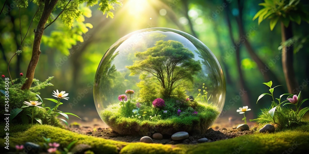 A serene forest scene within a glass globe, surrounded by lush greenery and vibrant flowers, reflecting the beauty of nature inside a miniature world , green world, environment A serene forest scene within a glass globe, surrounded by lush greenery and vibrant flowers, reflecting the beauty of nature inside a miniature world , green world, environment
