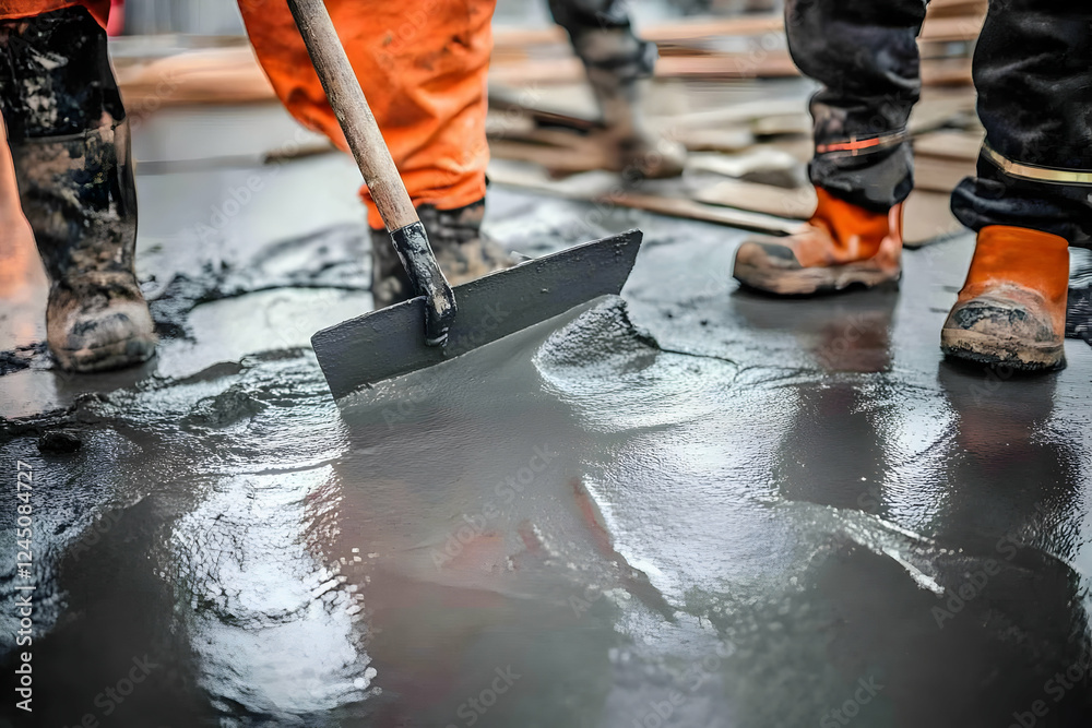 Construction Workers Smooth Wet Concrete with Trowel during Flooring Project Construction Workers Smooth Wet Concrete with Trowel during Flooring Project