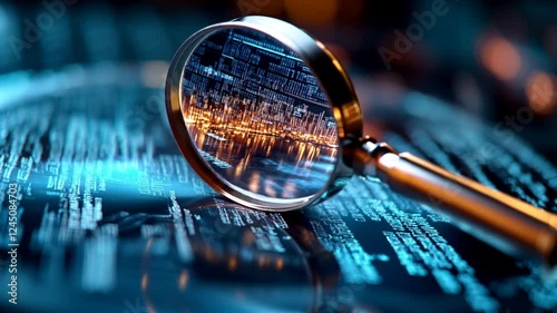A detailed IT Security Risk Assessment concept depicted with a magnifying glass focused on a document within an abstract technological atmosphere, symbolizing scrutiny and protection.	
