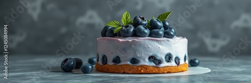 Blueberry cheesecake topped with fresh blueberries and mint leaves served on a marble surface photo