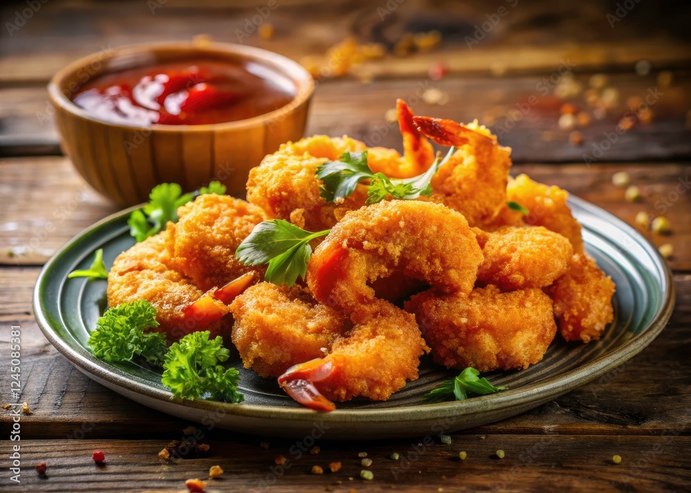 Fototapeta premium Macro Photography: Sweet and Sour Breaded Shrimp Closeup - Delicious Seafood Appetizer Recipe