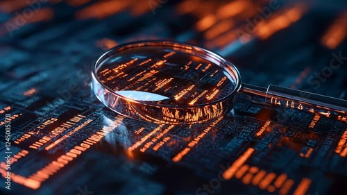 A Detailed IT Security Risk Assessment Concept Depicted with a Magnifying Glass Focused on a Document within an Abstract Technological Atmosphere	
