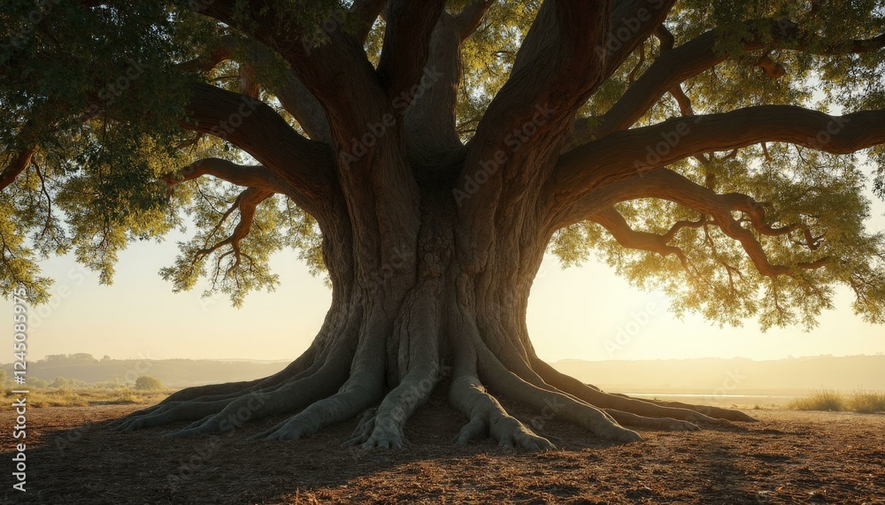 Majestic Ancient Oak Tree With Gnarled Trunk And Dappled Sunlight On Grass Majestic Ancient Oak Tree With Gnarled Trunk And Dappled Sunlight On Grass