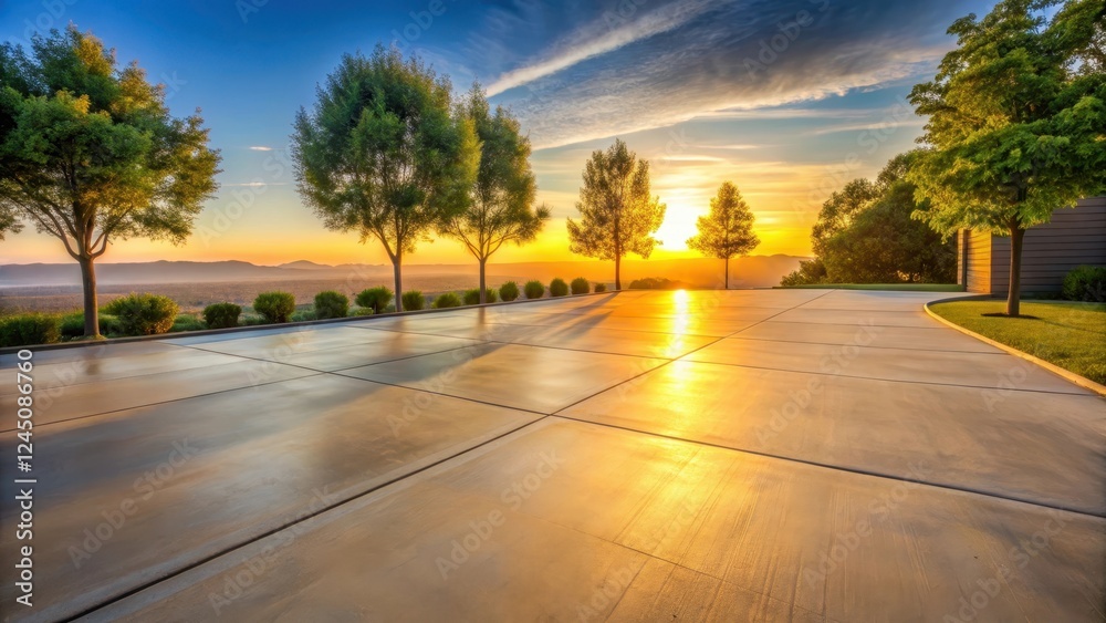 A smooth concrete driveway at sunset with a few trees and a subtle hill in the background, casting a warm golden light on the pavement , highway , concrete surface A smooth concrete driveway at sunset with a few trees and a subtle hill in the background, casting a warm golden light on the pavement , highway , concrete surface