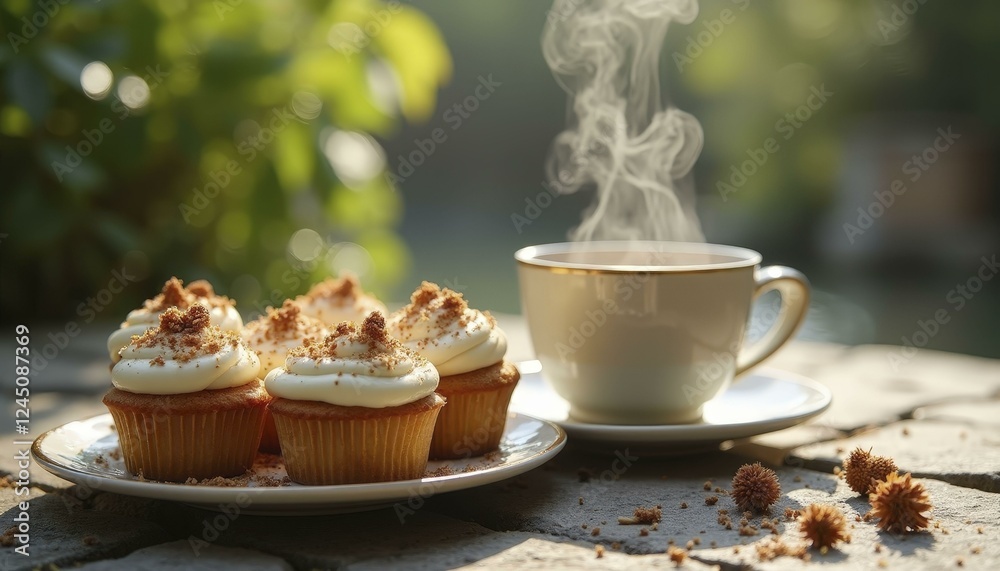 Six Frosted Cupcakes With Caramel Drizzle And Coffee Cup On Stone Surface Outdoors Six Frosted Cupcakes With Caramel Drizzle And Coffee Cup On Stone Surface Outdoors