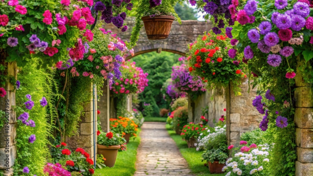 Vibrant petunias and geraniums spill from hanging baskets above a winding stone path leading through a lush green archway in a picturesque English summer garden , archway, path