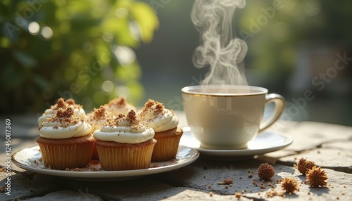 Wallpaper Mural Six Frosted Cupcakes With Caramel Drizzle And Coffee Cup On Stone Surface Outdoors Torontodigital.ca