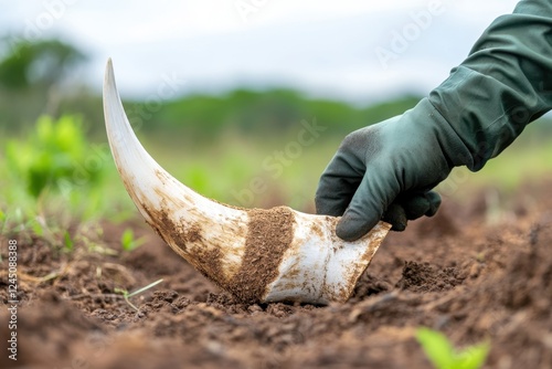 A gloved hand carefully examines a rhino horn partially buried in dirt, highlighting wildlife conservation efforts. photo