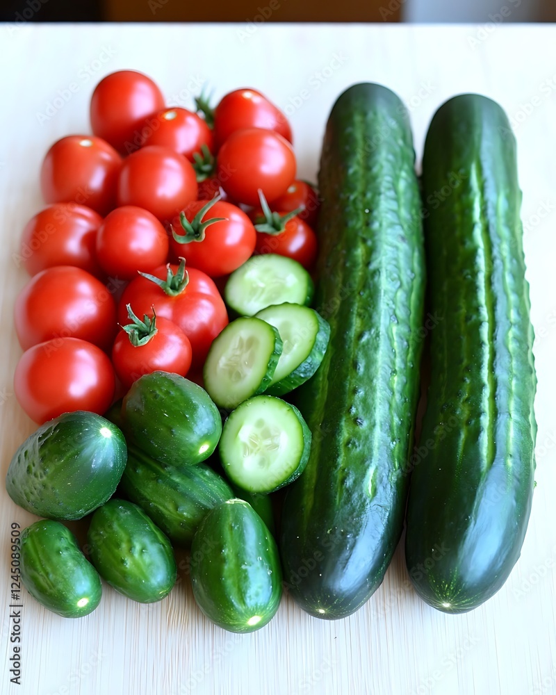 Fresh tomatoes, cucumbers, kitchen table Fresh tomatoes, cucumbers, kitchen table
