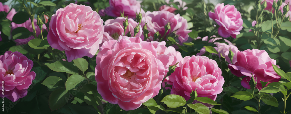 Pink roses in full bloom, bathed in sunlight. Pink roses in full bloom, bathed in sunlight.