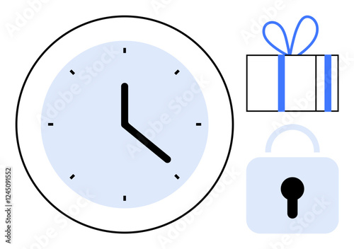 Clock with black hands and dots, a wrapped gift box with blue bow, and a padlock with keyhole. Ideal for time management, security, celebration, deadlines, punctuality goals and achievements. Line