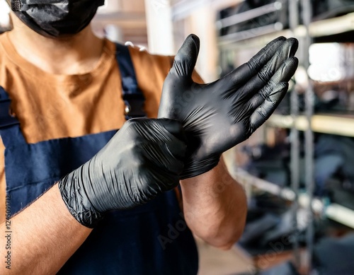 mechanic hands wearing black nitrile gloves in factory garage workshop worker workplace protection photo