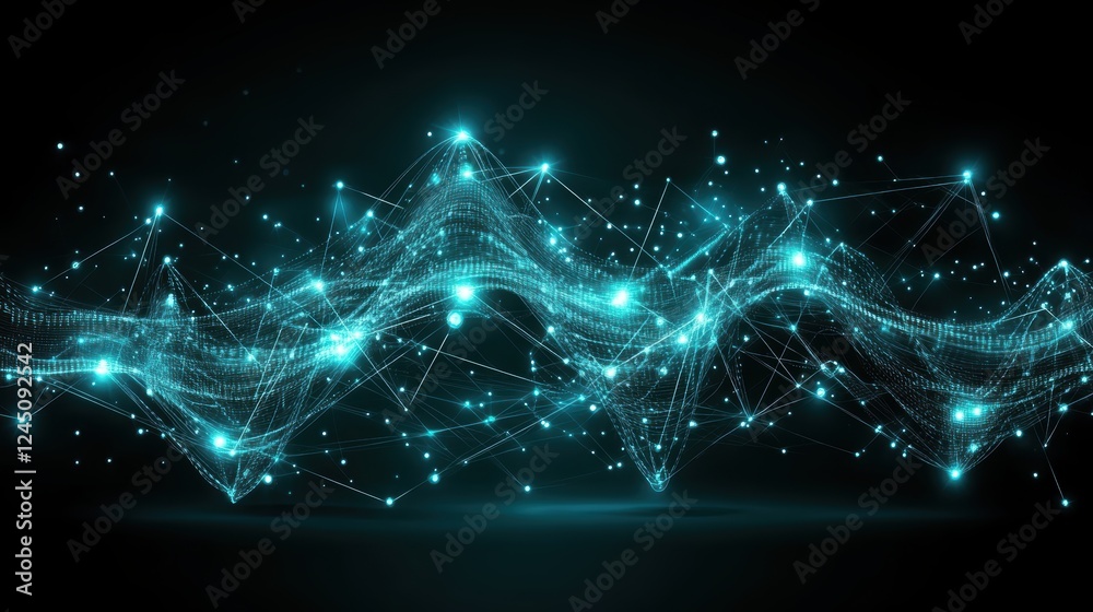 Fototapeta premium A glowing abstract representation of interconnected lines and dots, illustrating a digital or technological theme against a dark background.