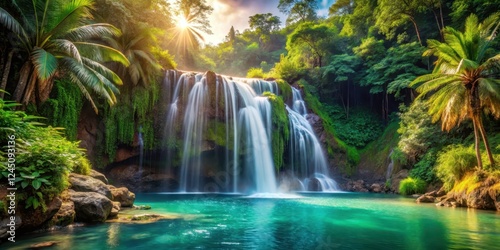 Waterfall in tropical paradise, outdoor, waterfall,  outdoor, waterfall, tranquility, plants, sunlight filtering