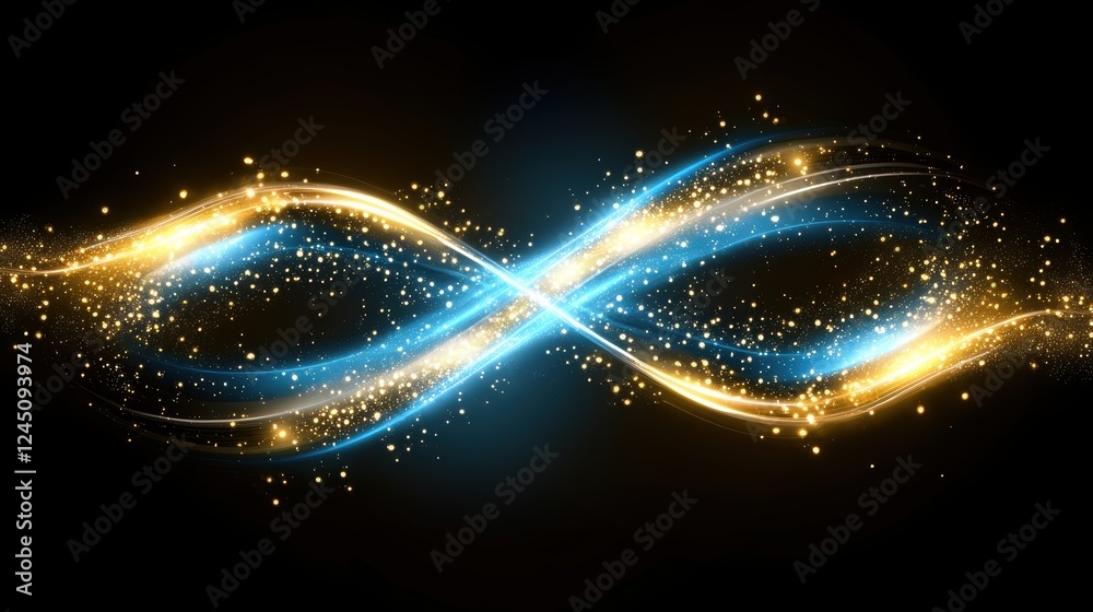Fototapeta premium An elegant depiction of an infinity symbol with shimmering blue and gold light trails on a dark background, representing endless possibilities and creativity.