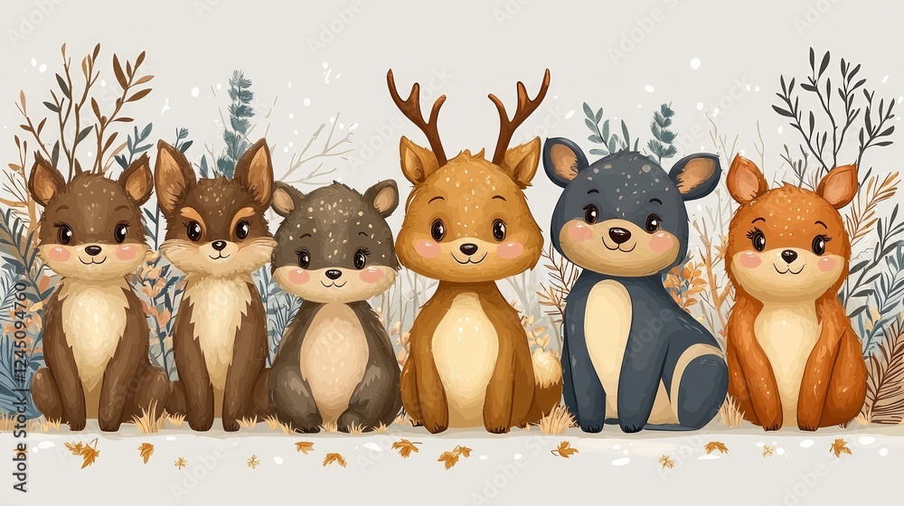 Fototapeta premium Cute deer friends autumn forest greeting card