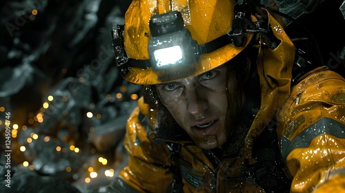 Miner with safety uniform in underground mine.