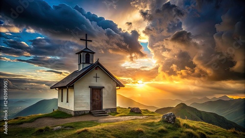 Mountaintop Chapel, Cross, Clouds - Dramatic Landscape Photography