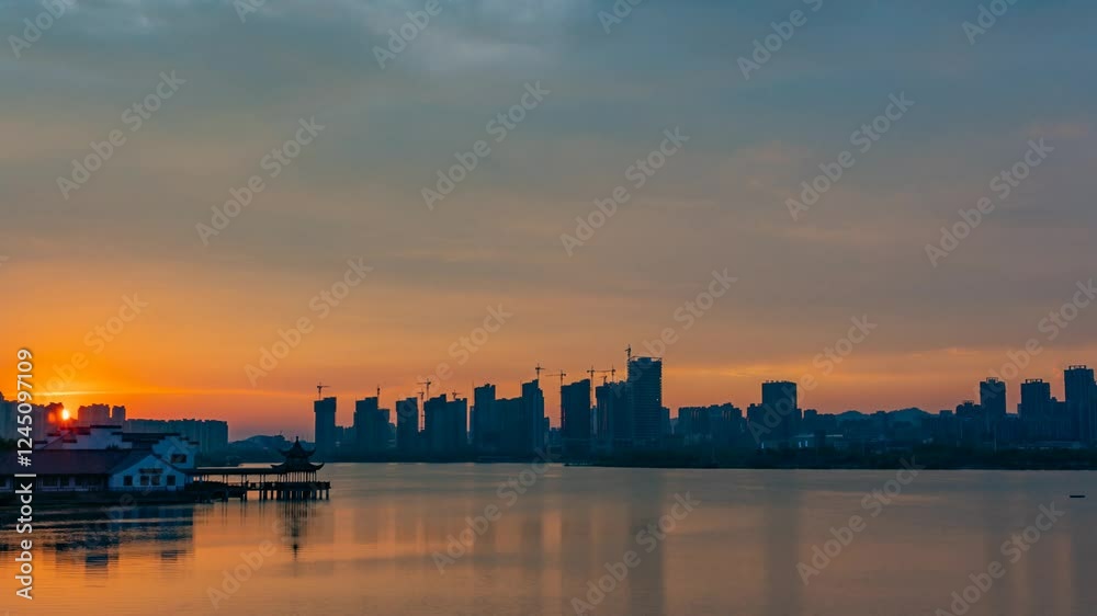 4k aerial video of wetland park lake at sunset with silhouettes of city skyline and nature in time lapse 4k aerial video of wetland park lake at sunset with silhouettes of city skyline and nature in time lapse