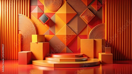 Red orange abstract composition on podium with vibrant colors and geometric shapes arranged in a unique pattern photo