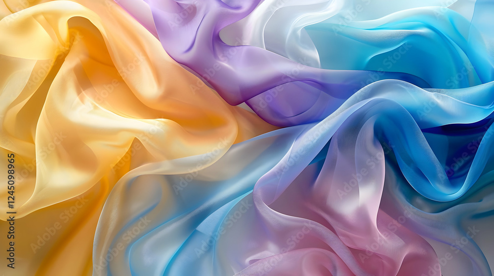 Fototapeta premium Colorful silk fabric draped elegantly, showcasing soft textures and vibrant hues in a serene setting