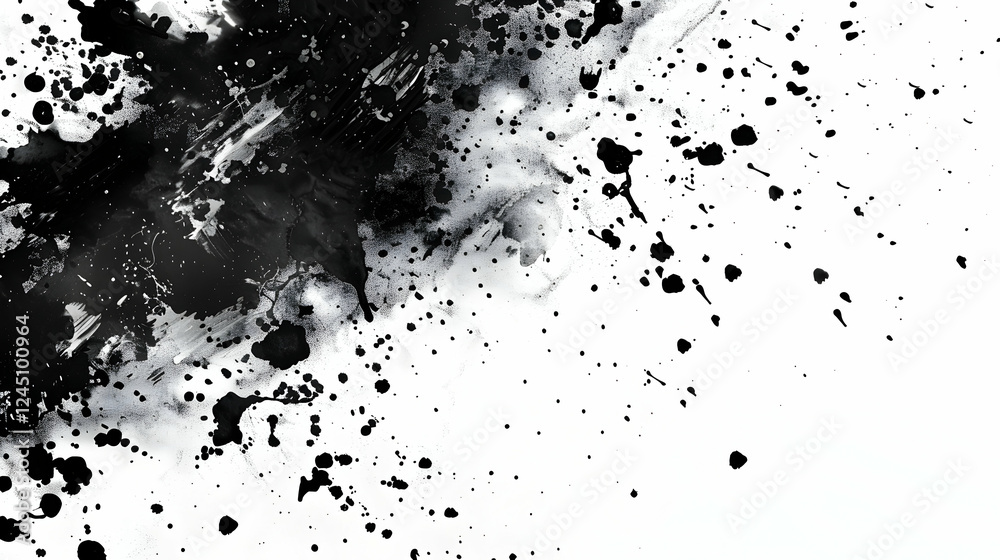 Abstract black and white paint splatter creating dynamic motion on a clean canvas background Abstract black and white paint splatter creating dynamic motion on a clean canvas background