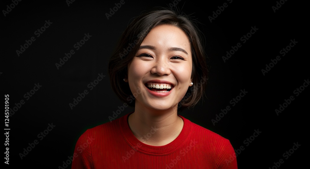Happy Woman in Red Shirt Studio Portrait Happy Woman in Red Shirt Studio Portrait