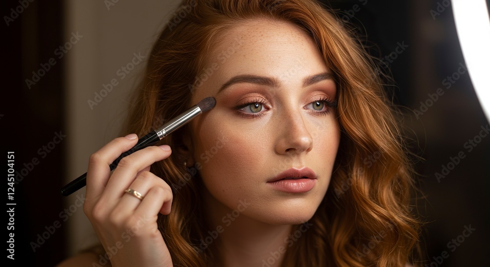 Redhead Woman Applying Makeup with Brush Soft Natural Look Redhead Woman Applying Makeup with Brush Soft Natural Look