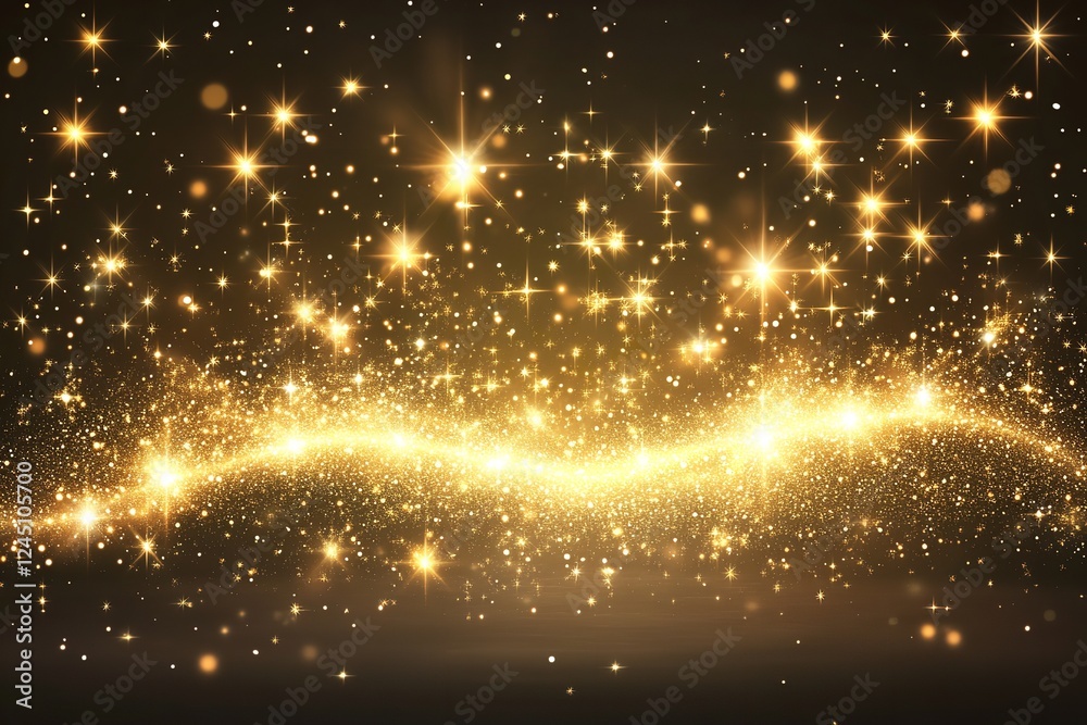 Obraz premium Shimmering golden Christmas particles and festive sprinkles for holiday celebrations like Christmas or New Year. Radiant golden lights create a dazzling wallpaper background, perfect for ads
