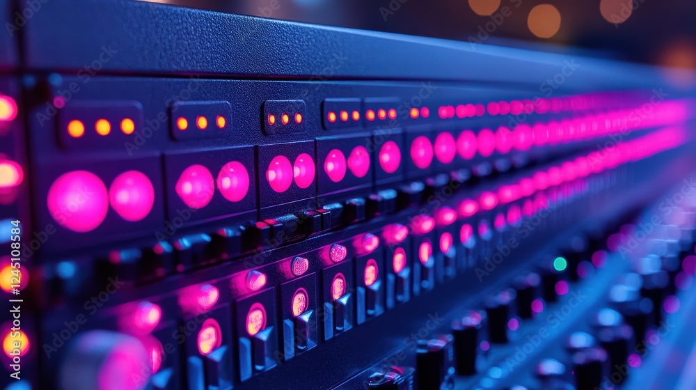 Close-up view of illuminated control panel with vibrant lights in a music studio setting